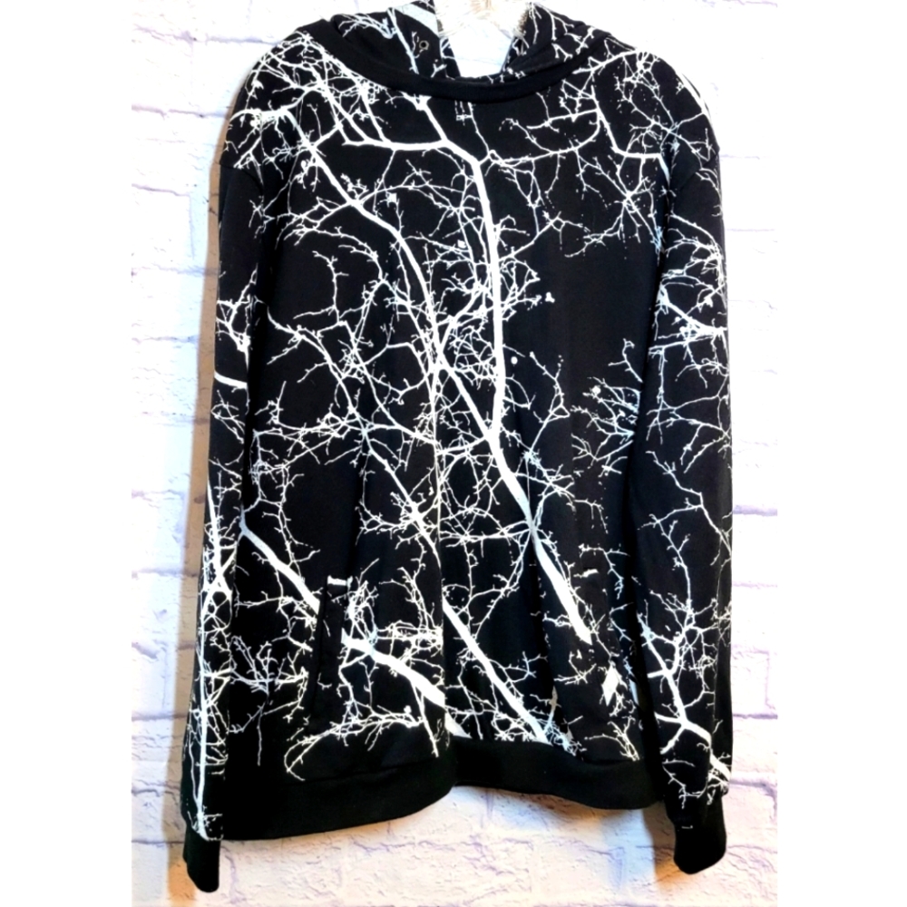 CA$HMERE Hoodie Sweatshirt Mens L Black White Tree Branch Design Streetwear Art